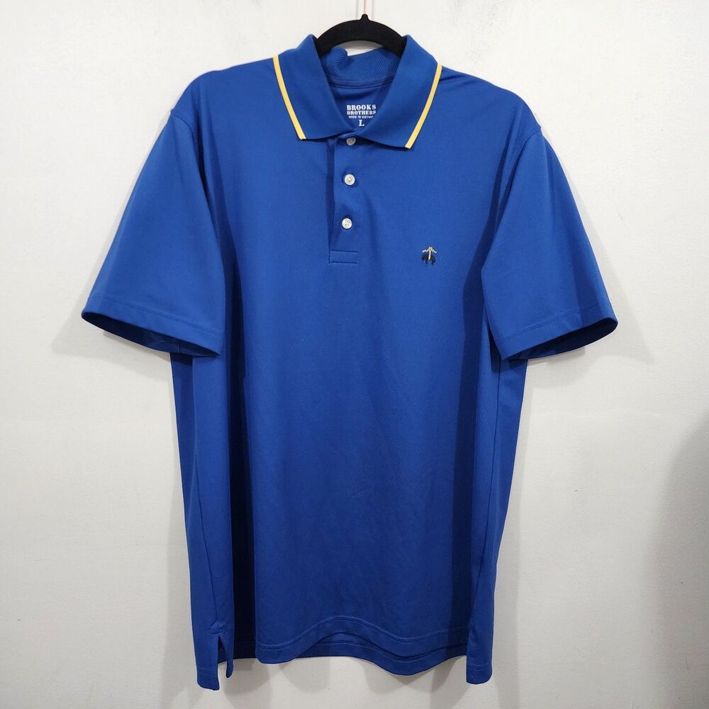 Brooks Brothers pique polo shirt yellow Trim Cobalt Blue Knit Button Mens L